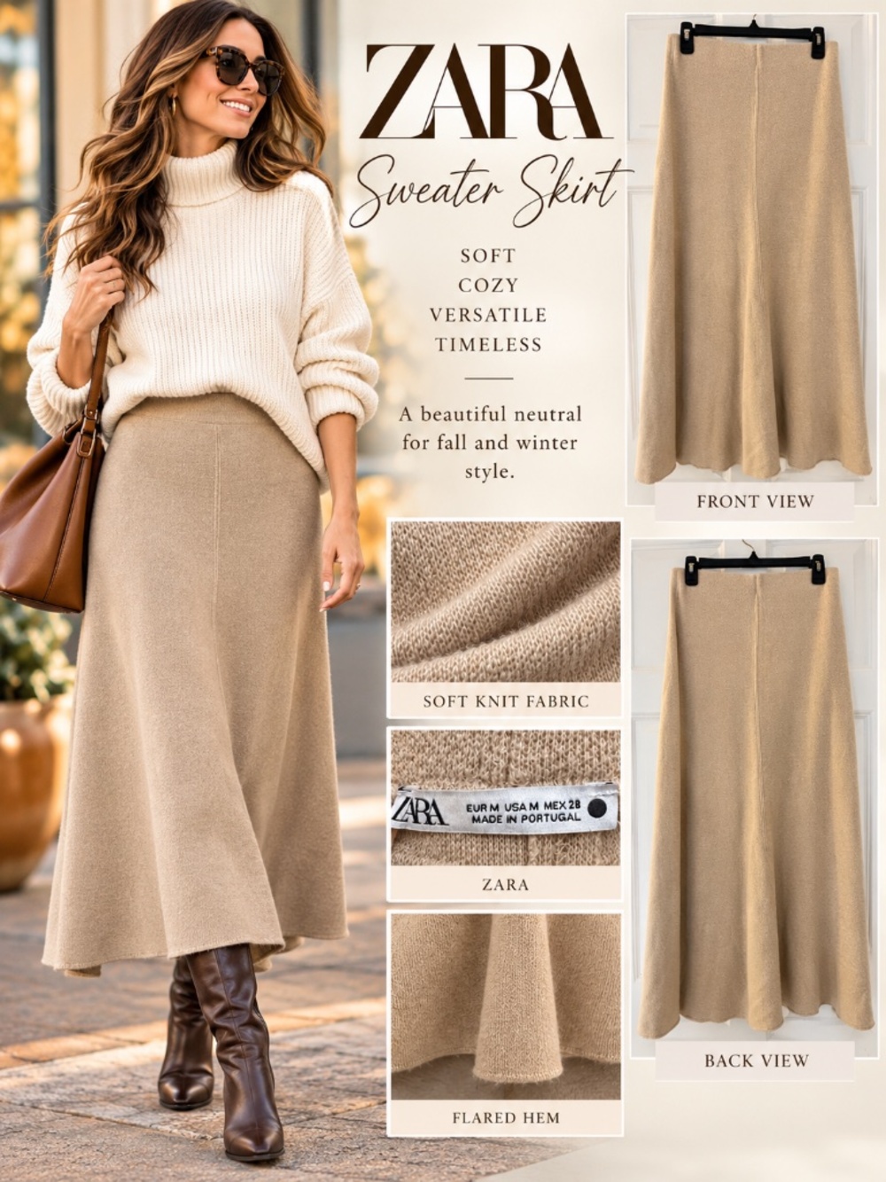 ZARA Beige Sweater Knit A-Line Midi Skirt Size M